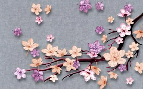 Gray fabric background, large multicolored flying flowers, dark empty branch Stock Illustration