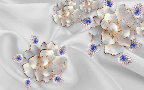 Gray fabric background, large white abstract flowers with pearls and crystals Stock Illustration