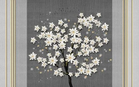 Gray fabric background, vertical lines, thin wood with large white flowers Stock Illustration