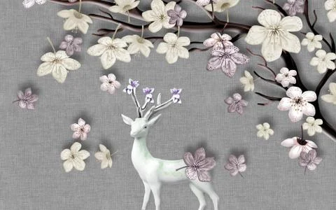Gray fabric background, white deer, large flowers on a branch Stock Illustration
