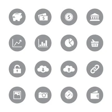 Gray finance and technology flat icon set on circle Stock Illustration