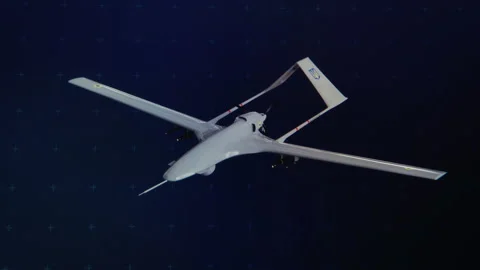 Gray fixed-wing drone isolated on black in 3D animation Видео 347464922