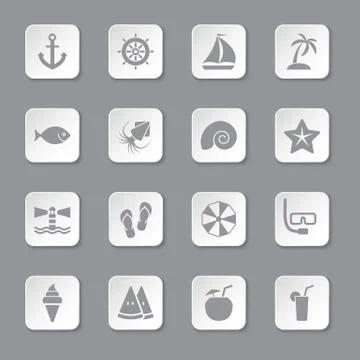Gray flat beach and summer icon set on rounded rectangle button Stock Illustration