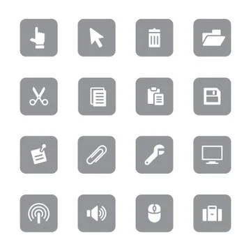 Gray flat computer and technology icon set on rounded rectangle Stock Illustration