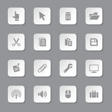 Gray flat computer and technology icon set on rounded rectangle button Stockillustratie