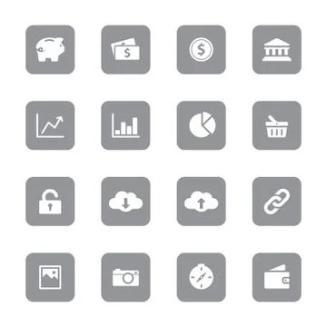 Gray flat finance and technology icon set on rounded rectangle Illustrazione stock