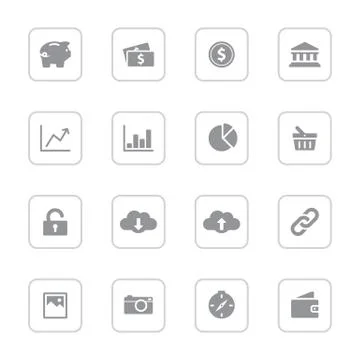 Gray flat finance and technology icon set with rounded rectangle frame Stock Illustration