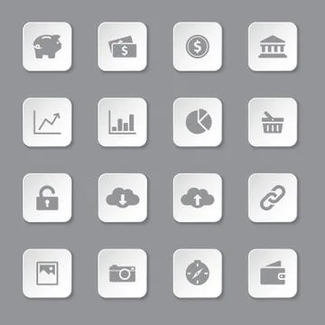 Gray flat finance and technology icon set on rounded rectangle button Illustrazione stock