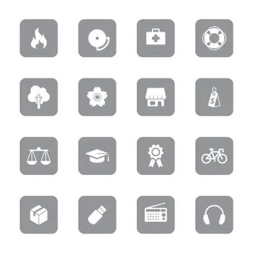 Gray flat miscellaneous icon set on rounded rectangle Stock Illustration