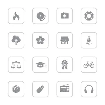 Gray flat miscellaneous icon set with rounded rectangle frame Stock Illustration