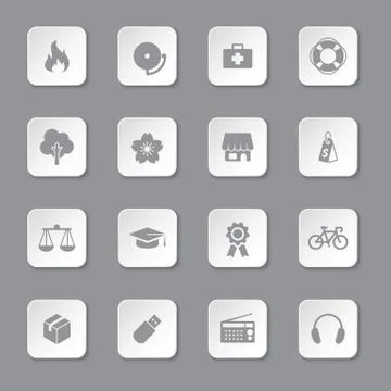 Gray flat safety and miscellaneous icon set on rounded rectangle button Stock Illustration