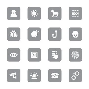 Gray flat security icon set on rounded rectangle Stock Illustration