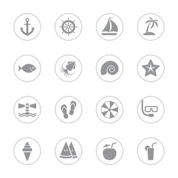 Gray flat summer icon set with circle frame Stock Illustration