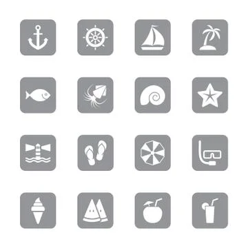 Gray flat summer icon set on rounded rectangle Stock Illustration