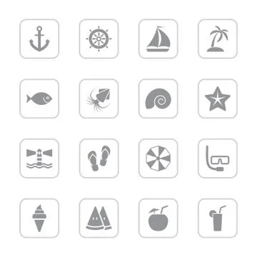 Gray flat summer icon set with rounded rectangle frame Stock Illustration
