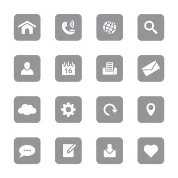 Gray flat web and technology icon set on rounded rectangle Stock Illustration