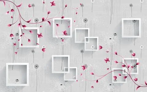 Gray floral background, white square frames, delicate pink ornamental flowers Stock Illustration