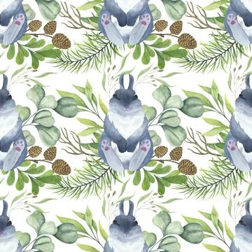 Gray fluffy bunny with flowers. Hare lies belly up. Watercolor seamless pattern. Stock Illustration