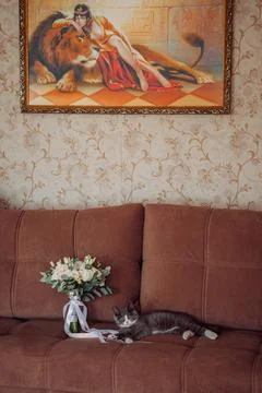 A gray fluffy kitten is playing with a wedding bouquet 3971. Stock Photos