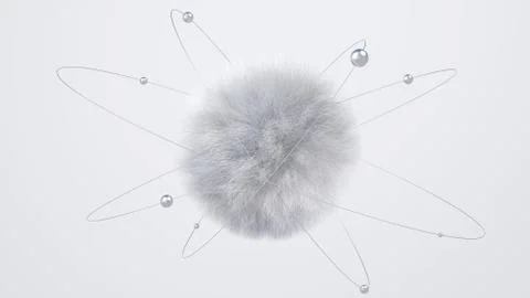 Gray fluffy sphere and metallic balls. Abstract illustration, 3d render. Stock Illustration