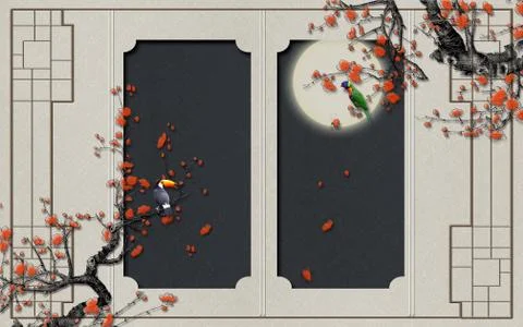 Gray frame panel with a full moon on a dark background, sakura branches Illustrazione stock