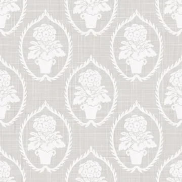 Gray french linen texture background printed with white primrose motif. Natural Illustrazione stock
