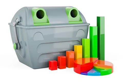 Gray garbage container with growth bar graph and pie chart, 3D rendering Stock Illustration