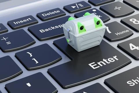 Gray garbage container on laptop keyboard. 3D rendering Illustrazione stock