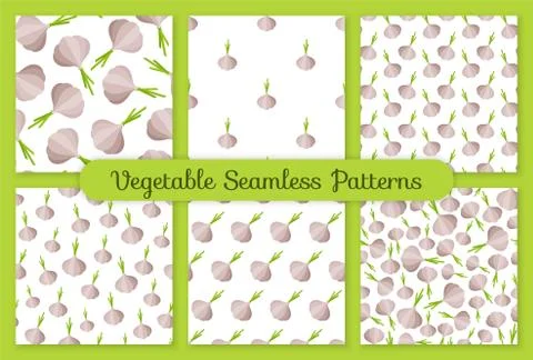 Gray garlic flat vegetable seamless pattern set Stock Illustration