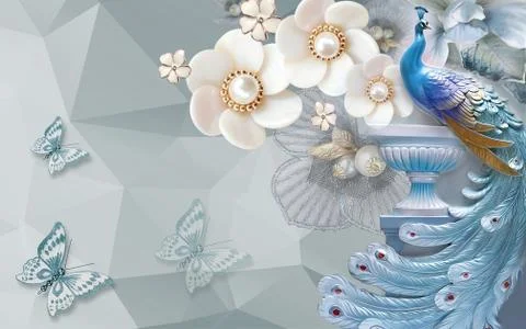 Gray geometric background, large ceramic flowers, blue peacock on a pedestal Stock Illustration