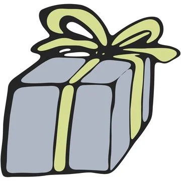 Gray Gift Box with Lime Green Ribbon Hand Drawn Vector Stock Illustration