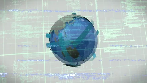 Gray globe expanding into rotating 3D earth glitch lines wrapping ribbons Stock Footage 313169531