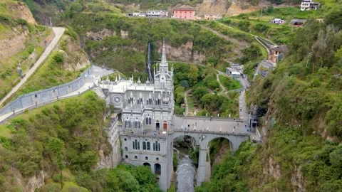 Gray gothic sanctuary on bridge over canyon at Las Lajas Stock Footage 330983327