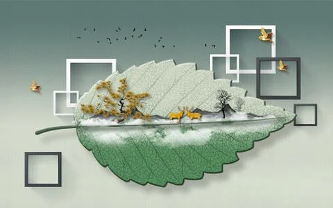 Gray gradient background, large green leaf, contours of trees and deer Stock Illustration