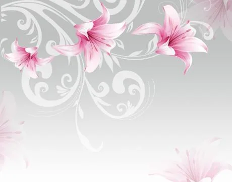 Gray gradient background, pink romantic ornamental lilies Stock Illustration