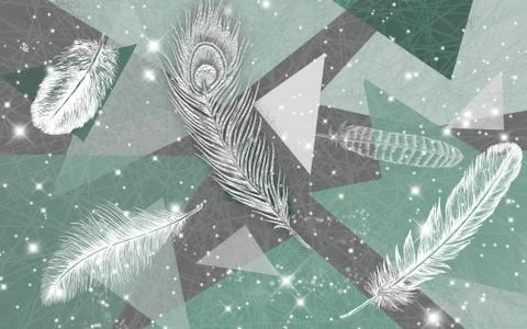 Gray-green abstract geometric background, large white feathers Stock Illustration