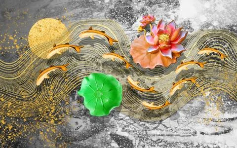 Gray grunge background, abstract waves, goldfish, abstract ceramic water lilies Stock Illustration