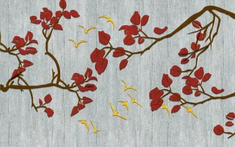 Gray grunge background, brown branches with red leaves, gold polygonal birds Stock Illustration