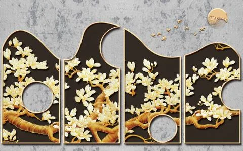 Gray grunge background, brown panel with beige flowers on a branch Stock Illustration