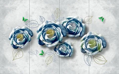 Gray grunge background, large blue roses and small green butterflies Stock Illustration