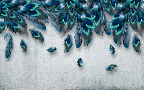 Gray grunge background, large blue-green feathers falling from above Stock Illustration