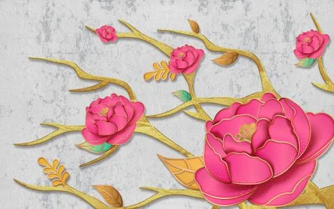 Gray grunge background, large pink roses on golden curved branches Stock Illustration