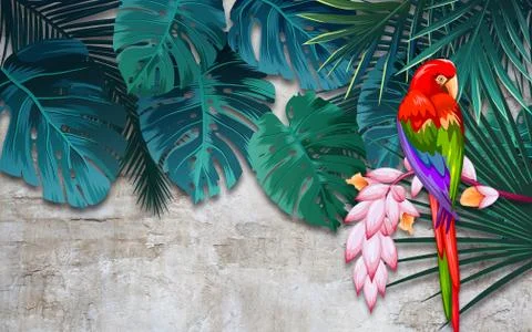 Gray grunge background, large tropical leaves and bright multi-colored parrot Stock Illustration
