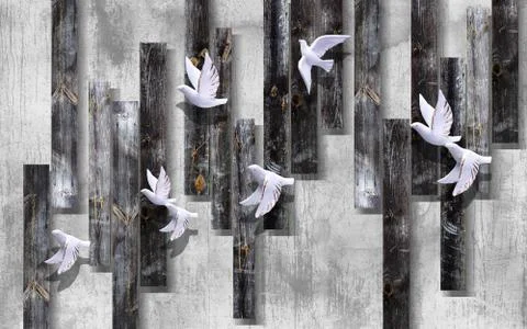 Gray grunge background, a panel from dark boards, white gilded ceramic birds Stock Illustration