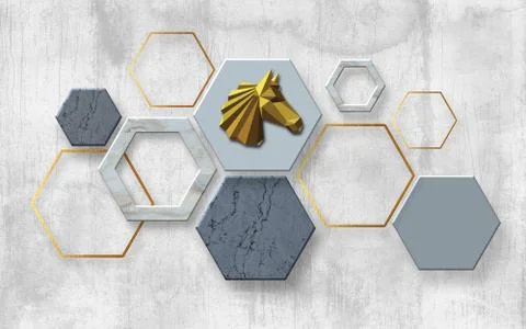 Gray grunge background, panel of hexagons, gold polygonal horse head Stock Illustration