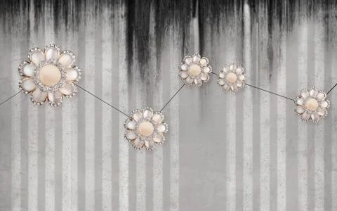Gray grunge background, round abstract glass flowers with crystals Stock Illustration