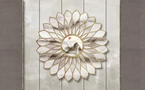 Gray grunge panel, abstract round flower with a landscape in the center Stock Illustration