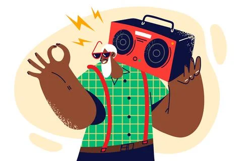Gray-haired dark-skinned old man with tape recorder on shoulder smiles and shows Stock Illustration