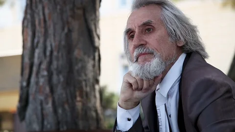Gray-haired elderly man with a beard in a suit waiting on a bench in the Park Stock-Footage 96535935