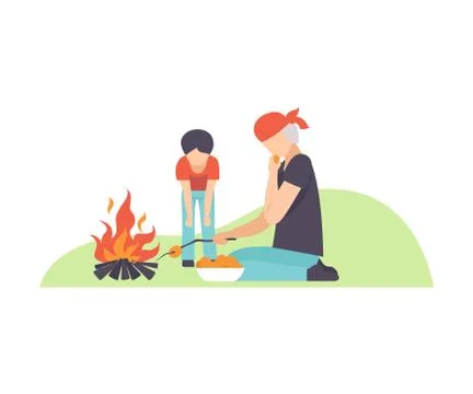Gray-haired man with a boy fry potatoes at the stake. Vector illustration. Stock Illustration